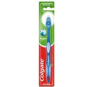 Cepillo de dientes manual Colgate Premier White de dureza media con limpiador de lengua.