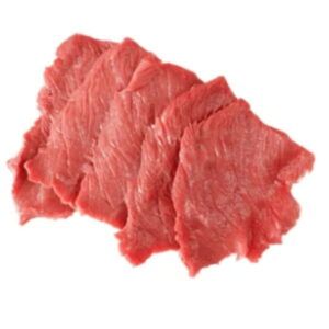 Bandeja de 400 gramos de carne de ternera fileteada fina para Fricandó, de color rojo intenso y corte artesanal.