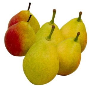 Peras Qtee frescas de piel bicolor verde y roja en la frutería de Alimentación María José.