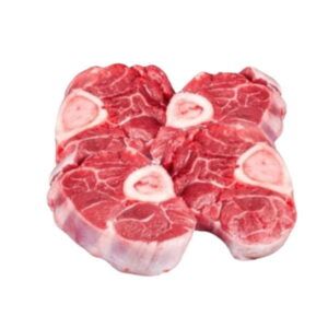 Rodaja de ossobuco de ternera de 400 gramos, con corte transversal del jarrete mostrando el hueso central con tuétano y carne magra veteada.