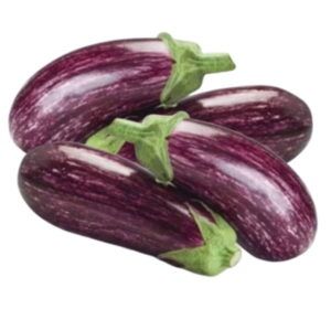 Berenjena rayada de color morado con vetas blancas brillantes, de forma ovalada y piel tersa, seleccionada en Alimentación María José.